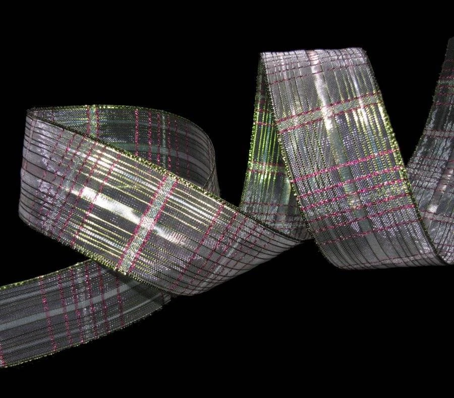 Cinta semi transparente a cuadros rosa fushia verde metálico de 5 yardas 1 1/2" W Foto 1 de 1