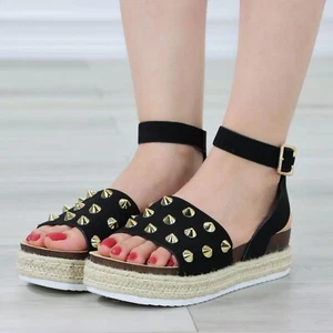 Espadrille Platform Sandals 2" Heel Black Nubuck Metal Stud - Picture 1 of 15