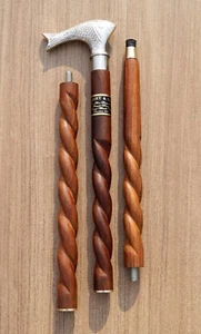 Brass Handle Walking Stick Silver Fish Head Handle w/ Brown Twist Walking Stick - Picture 1 of 8