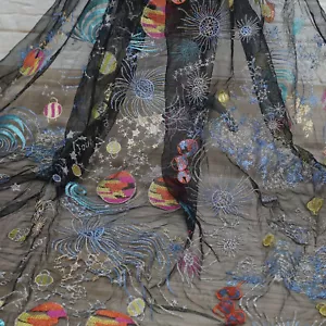 Black Tulle Embroidered Multicolor Starry Sky Pattern, Soft Fabric, 51.2" Wide. - Picture 1 of 6