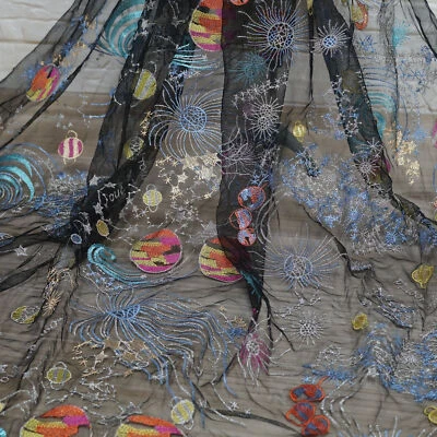 Black Tulle Embroidered Multicolor Starry Sky Pattern, Soft Fabric, 51.2" Wide. Foto 1 de 4