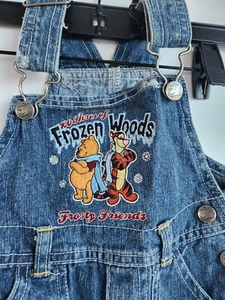 Vintage Winnie Pooh Disney Denim Disney Baby Overalls 12 M Frozen Winter Snow  - Picture 1 of 9