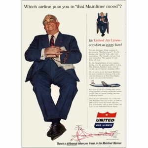 United Airlines 1955: Airline Puts You In Mainliner Mood anuncio impreso vintage - Imagen 1 de 1