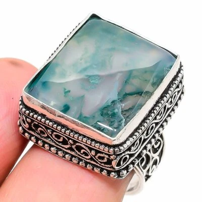 Natural Indian Moss Agate Gemstone 925 Sterling Silver Ring Size 9 A141 - Image 1 of 4
