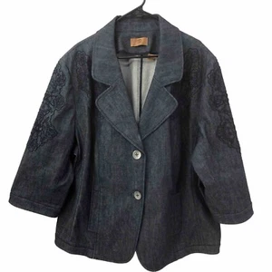 Dana Buchman dark Denim Jacket Womans Size 24 Blazer Floral Embroidered Stretch - Picture 1 of 11