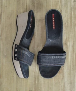 90er Jahre Damen PRADA Pantoletten Hausschuhe Keilabsatz Sandalen Logo Denim Größe 36 - Bild 1 von 8