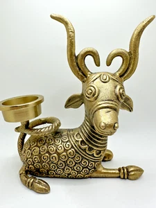 Dhokra Handcrafted Indian Art Antelope/Deer Candle Tea Light Holder Brass Metal - Picture 1 of 5