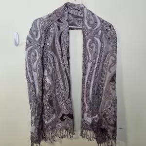 Collection 18 Paisley Print Woven Scarf Wrap W Fringe Lavender Beige Brown Rayon - Picture 1 of 4
