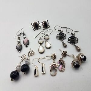 Lot of 8 205 Silver Earrings w/ Agate MoP Onyx & Pearls