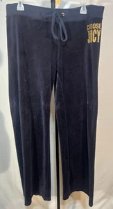 Juicy Couture Y2K Women Large Navy Blue Velour Sweat Track Pants Golden Logo - Picture 1 of 7