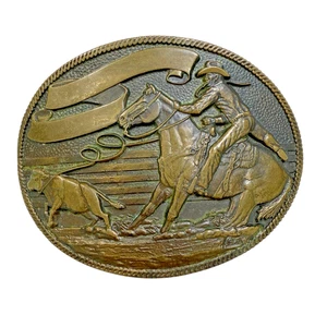 Vtg ADM Solid Brass Belt Buckle Western Cowboy Rodeo Cow Lasso Chunky Rockabilly - Picture 1 of 8