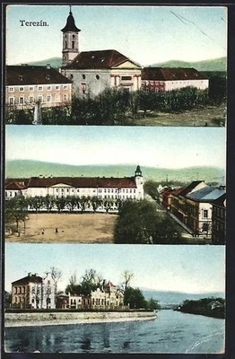 Ansichtskarte Terezin, Blick zur Kirche, Flusspartie im Ort  - Bild 1 von 2