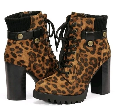 Women's Winter Ankle Boots High Chunky Heel Lace Up Side Zipper Boots - Image 1 of 4