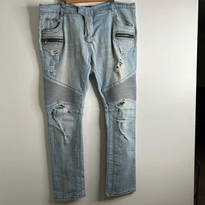 Balmain Jeans Mens Light Wash Biker Distressed Zipper Pockets Made in Italy 42 - Image 1 of 4