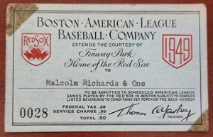 1949 Boston Red Sox Fenway Park Saisonkarte Ticket Ted Williams 250 Homerun MVP - Bild 1 von 2