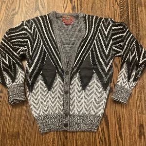 De Colección Chartwell Suéter Estampado S Abuelo Cárdigan Cuero Parches Negro Blanco - Imagen 1 de 7