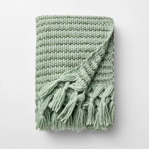 50 x 60 Throw Mixed Yarn Woven with Crossed Tassels Multi Green - Picture 1 of 3