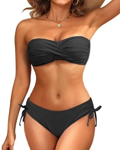 Trägerloses Damen-Bandeau-Bikini-Set Twist Oberteil seitlich zum Binden Unterteil Schwarz Small Neu - Bild 1 von 4
