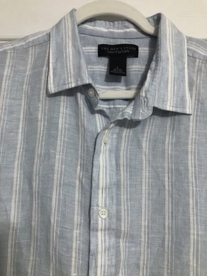 Bloomingdale’s Mens Store Linen Blue White striped Button Down Mens Size Large - Image 1 of 4