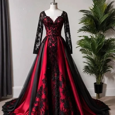 Vestidos de novia góticos rojos y negros cuello en V apliques de encaje vestidos vintage línea A Foto 1 de 4