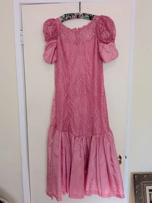 Vestido Rosa Vintage Años 80 Encaje Tafetán Cintura Caída Edette Original  Foto 1 de 4