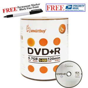 100 Smartbuy 16X DVD+R 4,7 GB logotipo superior disco de grabación en blanco + marcador permanente negro - Imagen 1 de 3