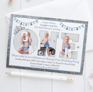 Personalised Photo First Birthday Invitations Silver 1st Birthday Invites x10 - Picture 1 of 3
