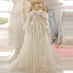 Princess Prom Dress Puffy Sleeve Party Dress Lace Embroidery Off Shoulder Prom - Picture 1 of 9