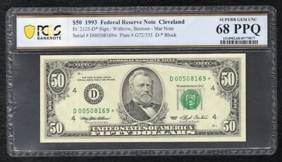 FR. 2125-D* 1993 $50 *STAR* FRN CLEVELAND, OH PCGS BANKNOTE GEM UNC-68PPQ (Y) - Image 1 of 2