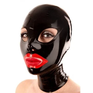Latexhaube mit roten Lippen Rücken Reißverschluss Gummi Maske für Catsuit Club K - Bild 1 von 6