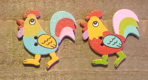 2 Rooster Chicken Sewing Buttons Crafting  2-Hole Wood 1.25"  - Picture 1 of 2