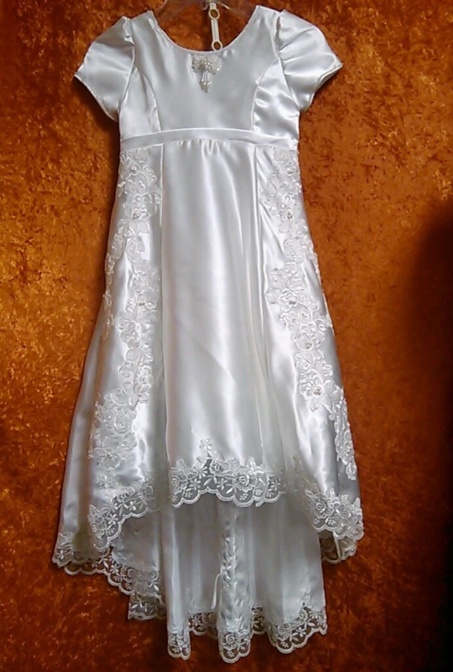 Vestido de novia miniatura, tafetán blanco y encaje talla 2 o 3, hecho a medida  Foto 1 de 4