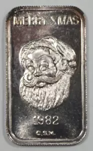 1982 G.S.M. Feliz Navidad Santa/Muñeco de Nieve 1 Onza Troya Barra de Arte de Plata Fina .999 - Imagen 1 de 6