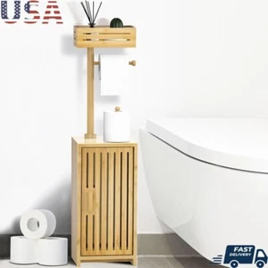 Bamboo Toilet Paper Holder Free Standing Storage 6 Rolls Bathroom Organizer New - Picture 1 of 9