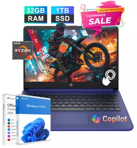 2025 HP Laptop Computer 14 Inch Touchscreen 8-Core Ryzen 7 32GB RAM 1TB SSD Pro - Picture 1 of 9