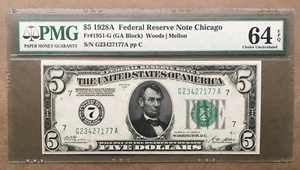 1928A   $5 FRN  CHICAGO  FR. 1951-G [] PMG 64 EPQ  [] Ser# G 23427177 A - Picture 1 of 3