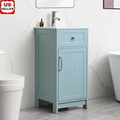Tocador de baño compacto con fregadero de almacenamiento estante ajustable gabinete independiente EE. UU. Foto 1 de 4