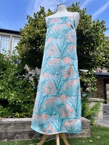 NWT Silky Satin Long Nightdress Slip in Sz 8 Palm Leaf Design Peach & Turqouise - Picture 1 of 8