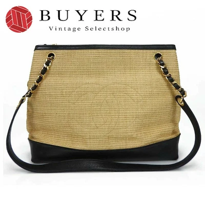 Chanel Straw Bag No.2 Coco Mark Leather Chain Tote Gold Used - Image 1 of 4