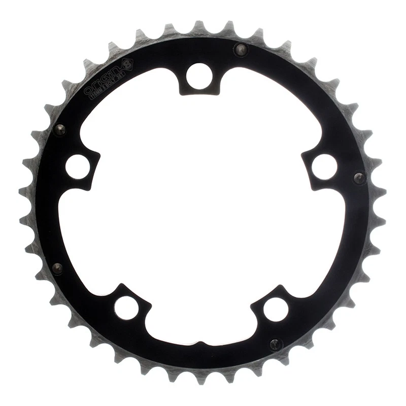 ORIGIN8 Alloy Ramped110mm 5-bolt 38T Ramped/Pinned Black/Silver Chainring - Image 1 of 1