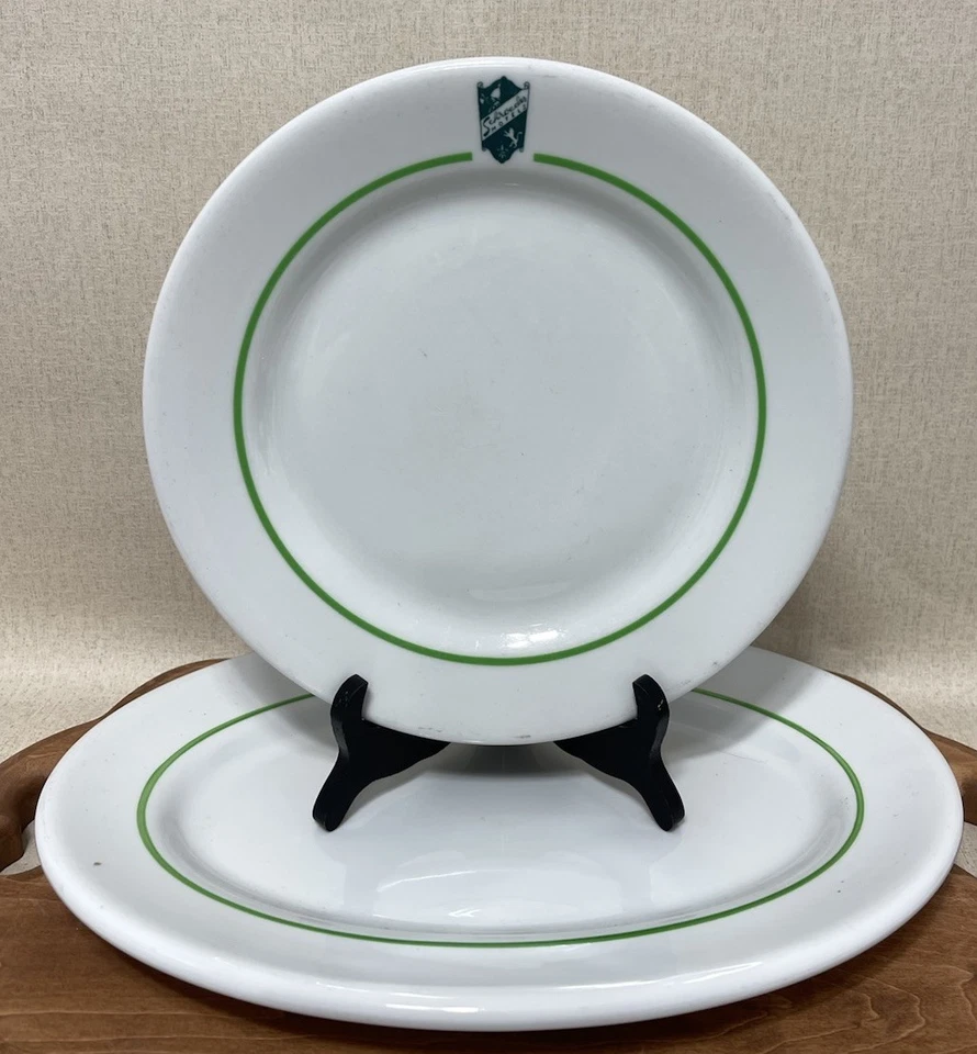 Juego de 2 platos vintage Schroeder Hotels logotipo a rayas verdes Shenango China Foto 1 de 4