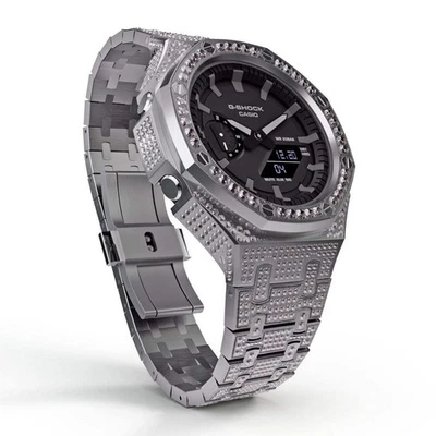 Iced Out Casioak Mod Casio G-Shock GA-2100 Metal Modded All Crystal Watch GA2100 - Image 1 of 4