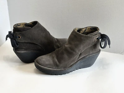 Fly London Yebi Women's Dark Grey Suede Wedge Ankle Booties Back Tie Size 9.5/40 - Image 1 of 4