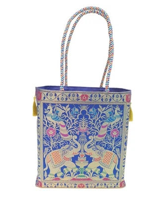 Blue Indian Handbag Ethnic Peacock Elephant Woven Zari Brocade Shoulder Hand Bag - Image 1 of 4