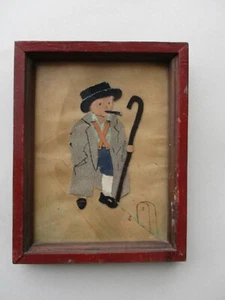AUF WANDERSCHAFT Junge mit Hut, Zigarre, Wanderstab Collage Stoff um 1920/1930 - Bild 1 von 6