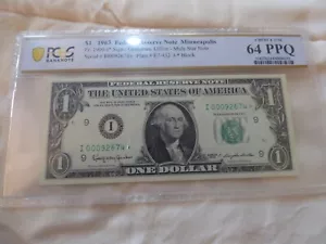 1963 I $1 Star Mule Federal Reserve Minneapolis PCGS Choice Unc 64 PPQ 00092674* - Picture 1 of 1