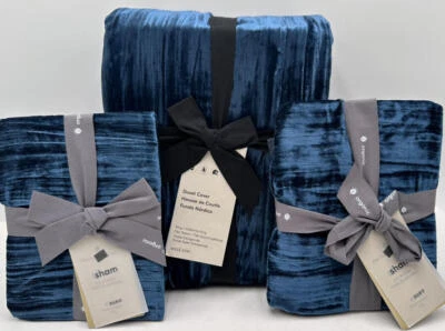 Funda nórdica West Elm Lush Crinkle Velvet KING y 2 fundas en euros ~ azul real Foto 1 de 2