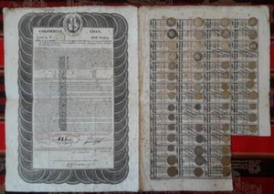 COLOMBIA british loan 6% bond 100£ London 1824 /1845 uncancelled + cupon sheet - Picture 1 of 12
