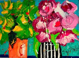 colorful ORIGINAL ABSTRACT FLOWERS ART PAINTING Upcycled SWARTZMILLER DNA SIGNED - Picture 1 of 20