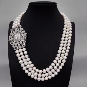3 Strands Cultured White Pearl Chokers Necklace Big Cz Pave Pendant Jewelry Gift - Imagen 1 de 8